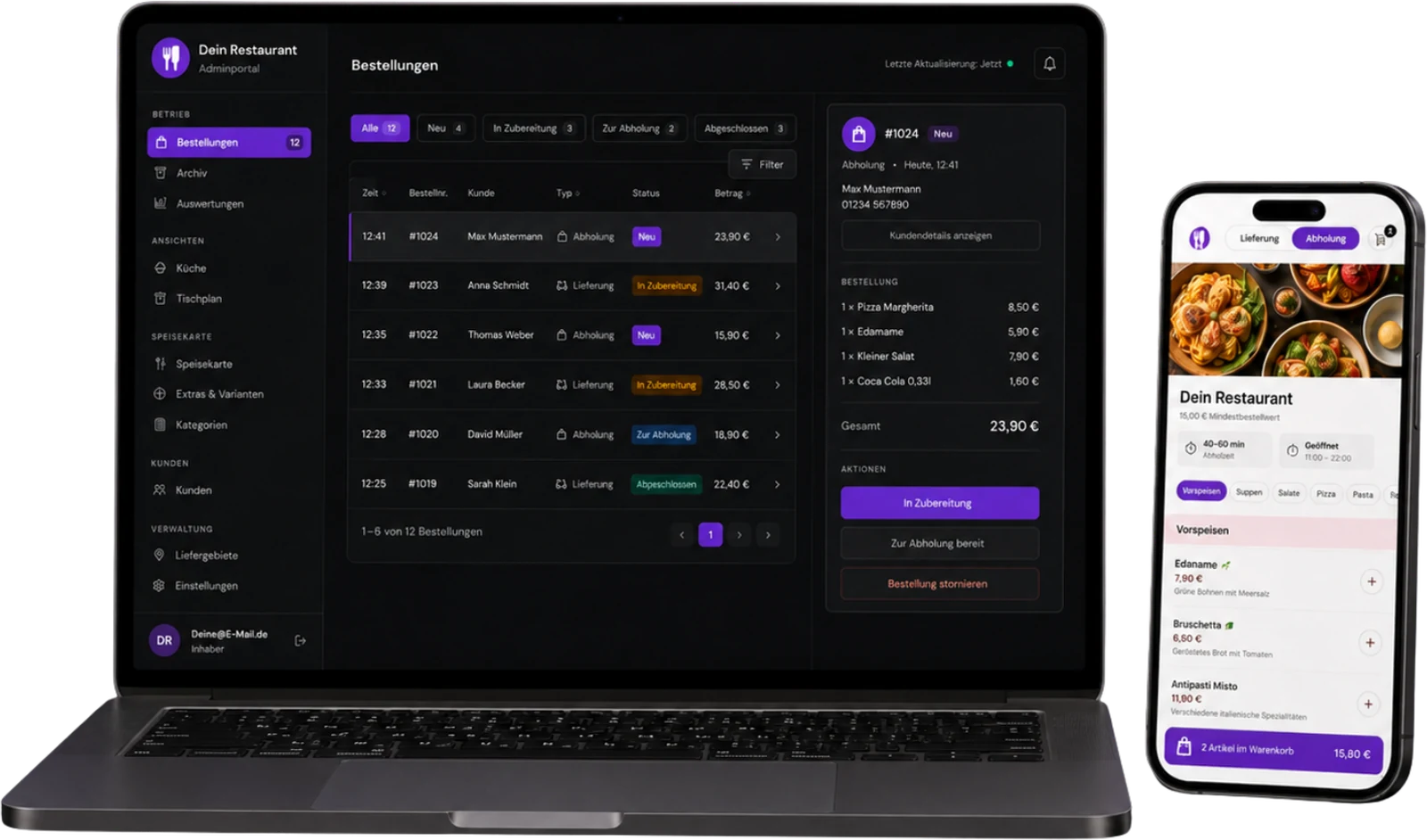 Bestell-Adminportal auf einem Laptop neben der Gäste-Bestellansicht auf dem Smartphone